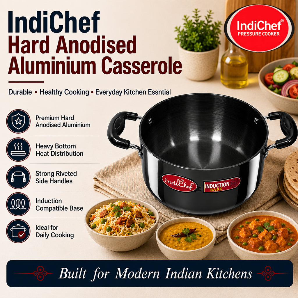 IndiChef Hard Anodised casserole with Lid | Gas Stove & Induction Friendly |Metal Spoon Safe, Riveted Handle, Healthy Cooking, less Oil Use, Easy to Clean