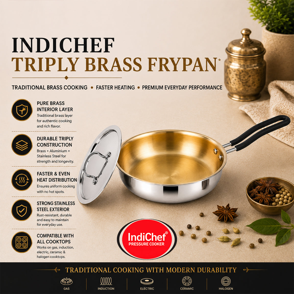 IndiChef Brass Triply Frypan in heavy weight with Lid | Gas Stove & Induction Friendly | Insulated Heat-Resistant Handle | Pure Pital/Brass Tea Pan with Triply body | Chemical-Free