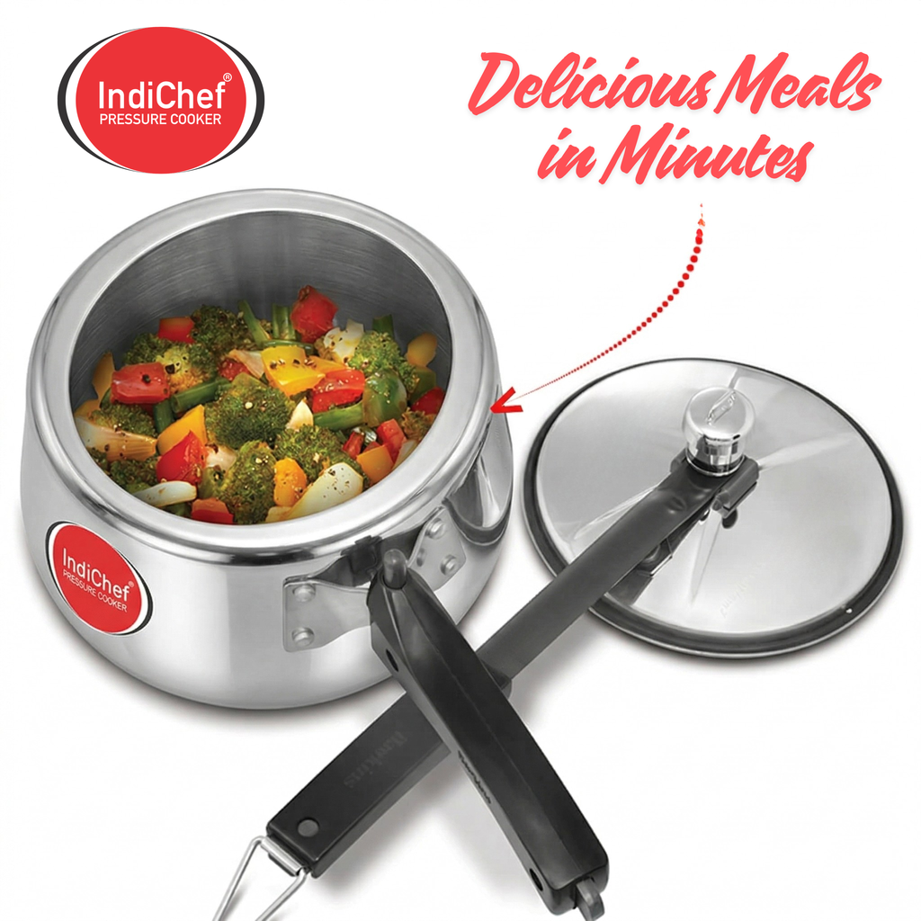 IndiChef Triply Stainless Steel Contura Pressure Cooker, Heavy-Duty Base for Less-oil, Healthy Cooking | Suitable for Induction & Gas | Durable, Scratch-Resistant Surface |