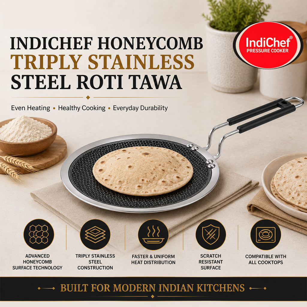 IndiChef Honeycomb triply Stainless Steel Roti Tawa | Heavy-Duty Base for Less-oil, Healthy Cooking | Suitable for Induction & Gas | Durable, Scratch-Resistant Surface | 60 month warranty