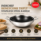 IndiChef Honeycomb triply Stainless Steel kadahi/kadhai with Lid | Heavy-Duty Base for Less-oil, Healthy Cooking | Suitable for Induction & Gas | Durable, Scratch-Resistant Surface | 60 month warranty
