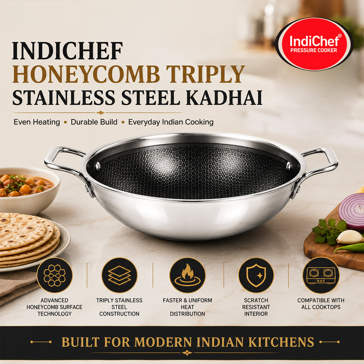 IndiChef Honeycomb triply Stainless Steel kadahi/kadhai with Lid | Heavy-Duty Base for Less-oil, Healthy Cooking | Suitable for Induction & Gas | Durable, Scratch-Resistant Surface | 60 month warranty