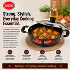 IndiChef Hard Anodised Kadhai with Lid | Gas Stove & Induction Friendly | Metal Spoon Safe | Riveted Handle | Easy to Clean |
