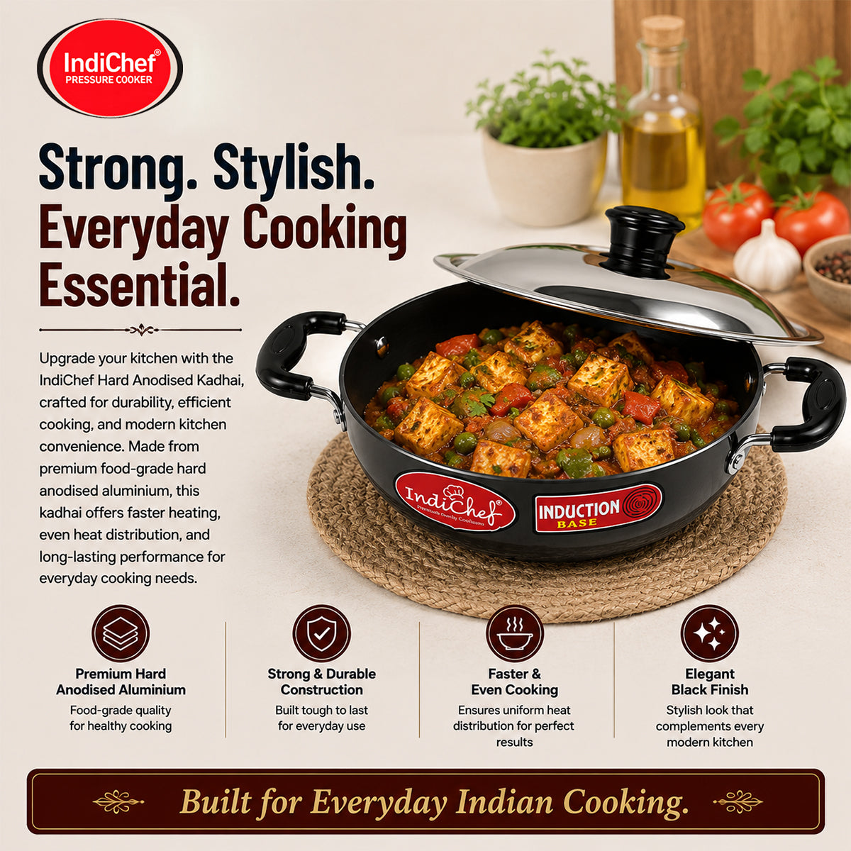 IndiChef Hard Anodised Kadhai with Lid | Gas Stove & Induction Friendly | Metal Spoon Safe | Riveted Handle | Easy to Clean |