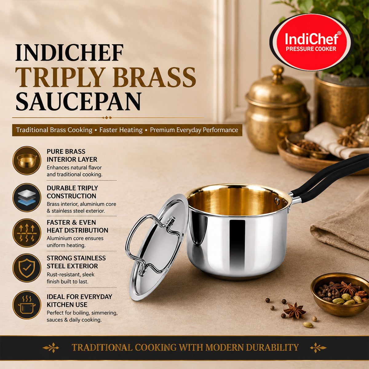 IndiChef Brass Triply Saucepan Tea pan Milk pan in heavy weight with Lid | Gas Stove & Induction Friendly | Insulated Heat-Resistant Handle | Pure Pital/Brass Tea Pan with Triply body | Chemical-Free