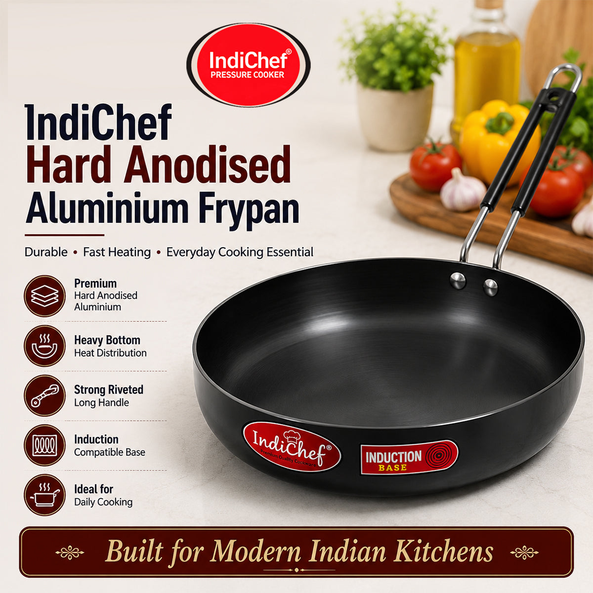 IndiChef Hard Anodised Frypan with Lid | Gas Stove & Induction Friendly |Metal Spoon Safe, Riveted Handle, Healthy Cooking, less Oil Use, Easy to Clean |