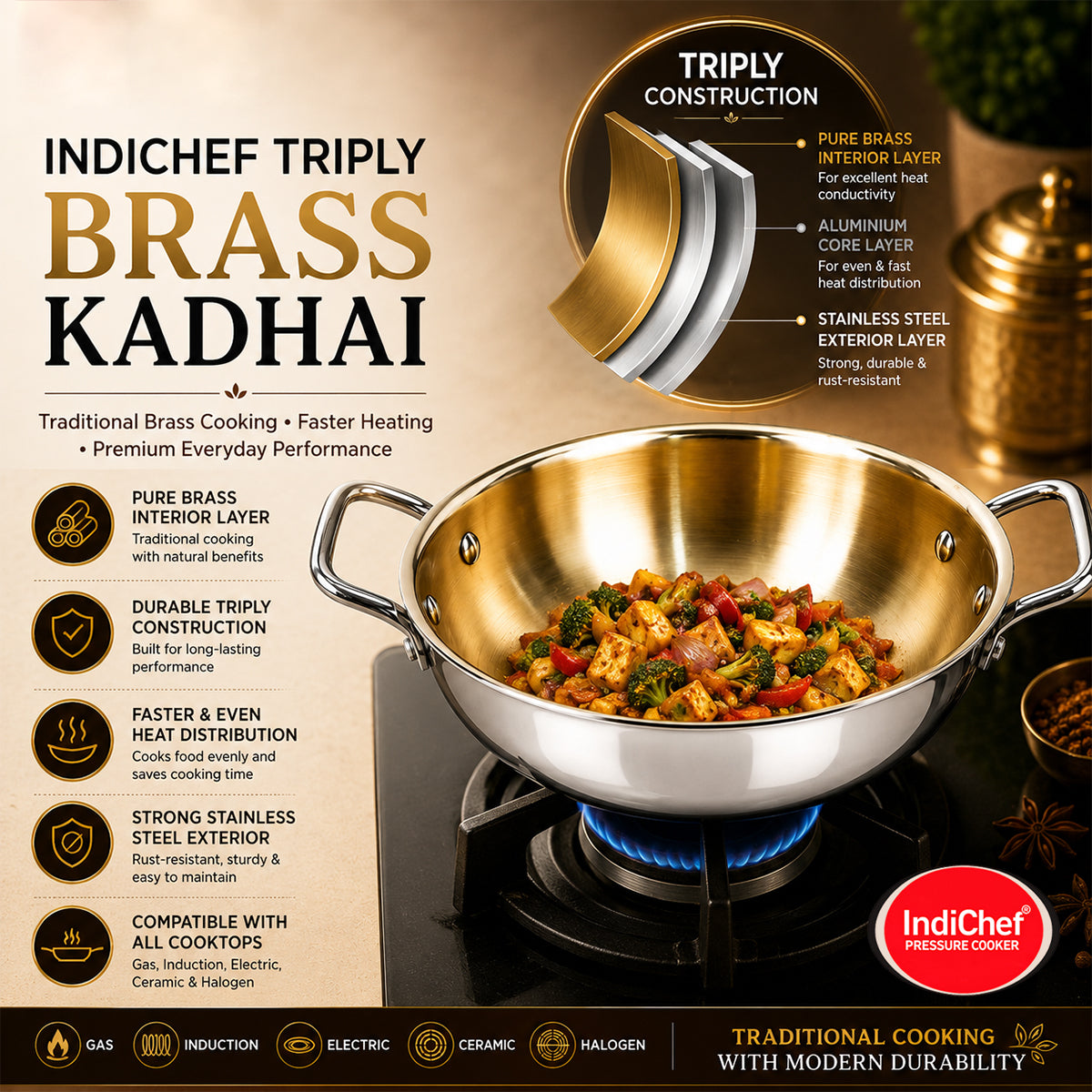 IndiChef Brass Triply Kadahi in heavy weight with Lid | Gas Stove & Induction Friendly | Insulated Heat-Resistant Handle | Pure Pital/Brass Tea Pan with Triply body | Chemical-Free