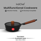 IndiChef Cast Iron Sauce Pan with Cover Cooking Pot | Milk Tea Boiling Heating Kitchen Use Gas Stove Induction Cooking | Stainless Steel Body Glass Lid Handle Grip Multipurpose Cooking Utensil