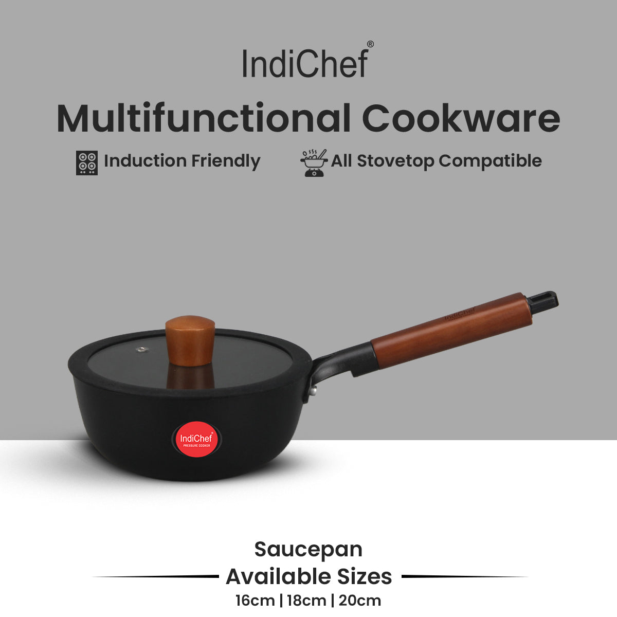IndiChef Cast Iron Sauce Pan with Cover Cooking Pot | Milk Tea Boiling Heating Kitchen Use Gas Stove Induction Cooking | Stainless Steel Body Glass Lid Handle Grip Multipurpose Cooking Utensil