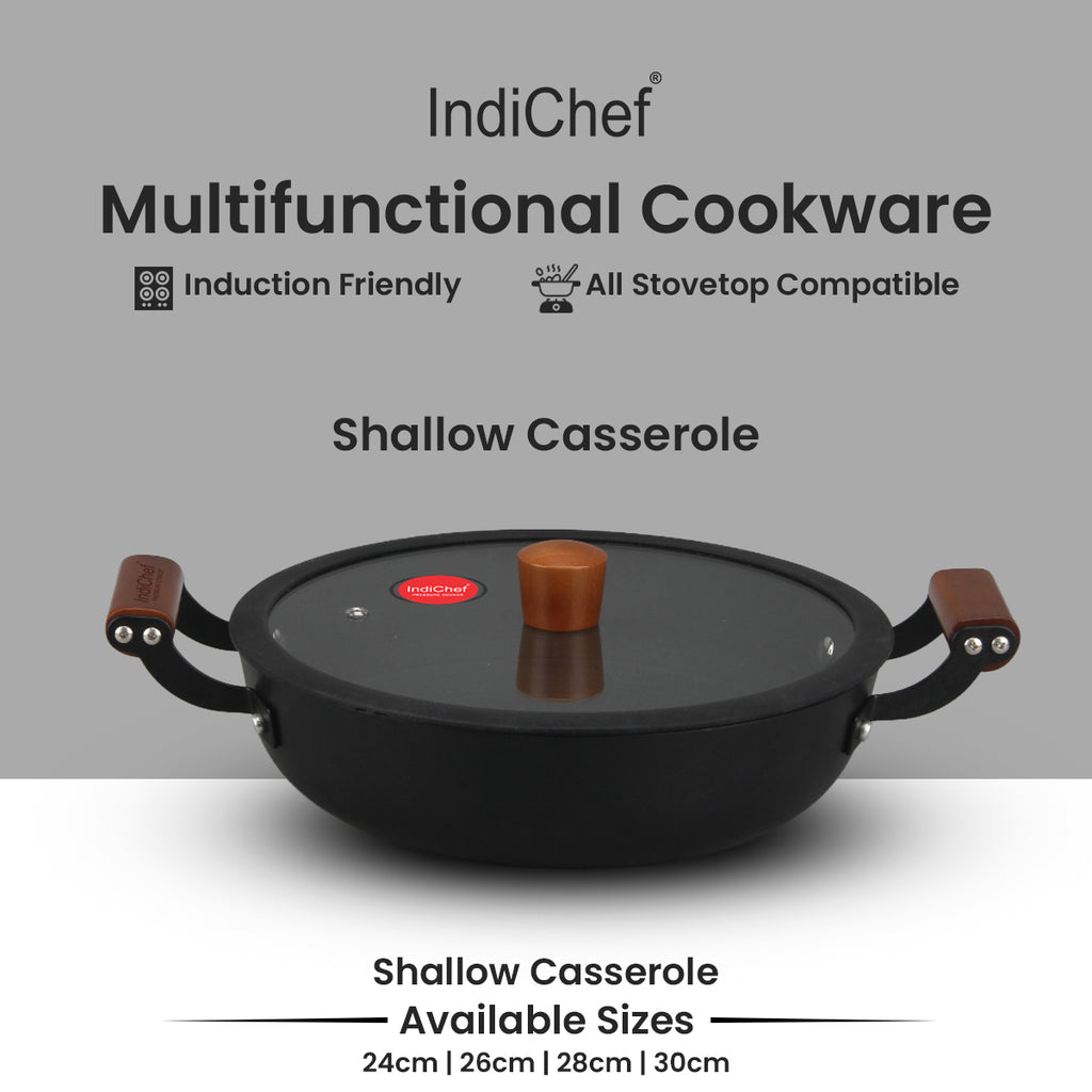 IndiChef Cast Iron Shallow Casserole with Cover Cooking Pan | Serving Cooking Storage Use Kitchen Gas Stove Induction Use | Glass Lid Side Handles Flat Base Multipurpose Cookware