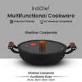 IndiChef Cast Iron Shallow Casserole with Cover Cooking Pan | Serving Cooking Storage Use Kitchen Gas Stove Induction Use | Glass Lid Side Handles Flat Base Multipurpose Cookware