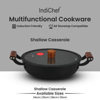 IndiChef Cast Iron Shallow Casserole with Cover Cooking Pan | Serving Cooking Storage Use Kitchen Gas Stove Induction Use | Glass Lid Side Handles Flat Base Multipurpose Cookware