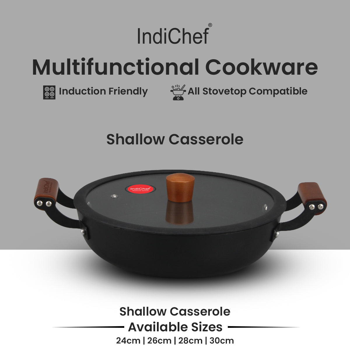 IndiChef Cast Iron Shallow Casserole with Cover Cooking Pan | Serving Cooking Storage Use Kitchen Gas Stove Induction Use | Glass Lid Side Handles Flat Base Multipurpose Cookware