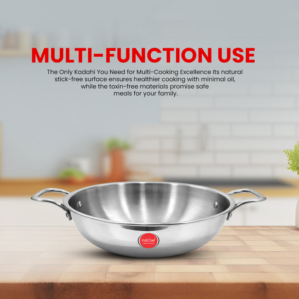 IndiChef Tri-Ply Stainless Steel Kadahi/Kadhai | Heavy-Duty Base for Less-oil, Healthy Cooking | Suitable for Induction & Gas | Durable, Scratch-Resistant Surface |