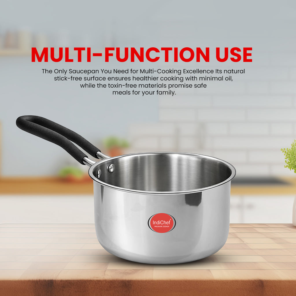 Indichef Triply Stainless Steel Saucepan with Lid | 2.5 mm Thick | Tea, Chai Pan | Induction & Gas Friendly, Heavy Bottom - Silver