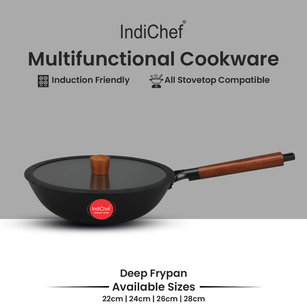 IndiChef Cast Iron Deep Frying Pan with Cover | Cooking Utensil for Frying Saute and Stir Cooking Use | Metal Kadai with Lid for Kitchen Cooking Tasks | Round Deep Pan for Oil Based Cooking Food