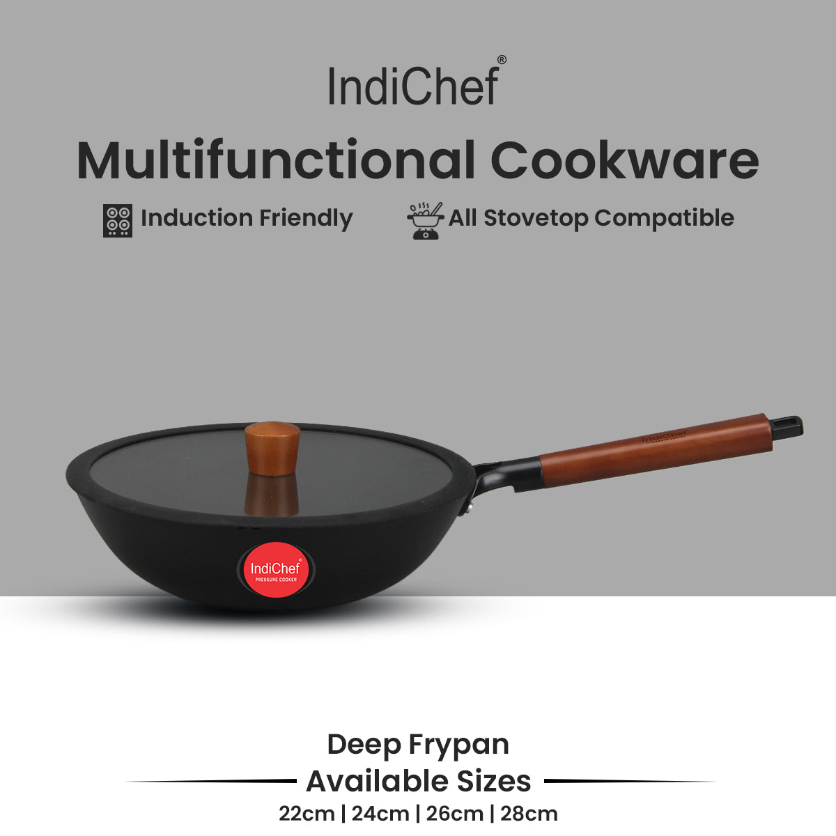 IndiChef Cast Iron Deep Frying Pan with Cover | Cooking Utensil for Frying Saute and Stir Cooking Use | Metal Kadai with Lid for Kitchen Cooking Tasks | Round Deep Pan for Oil Based Cooking Food