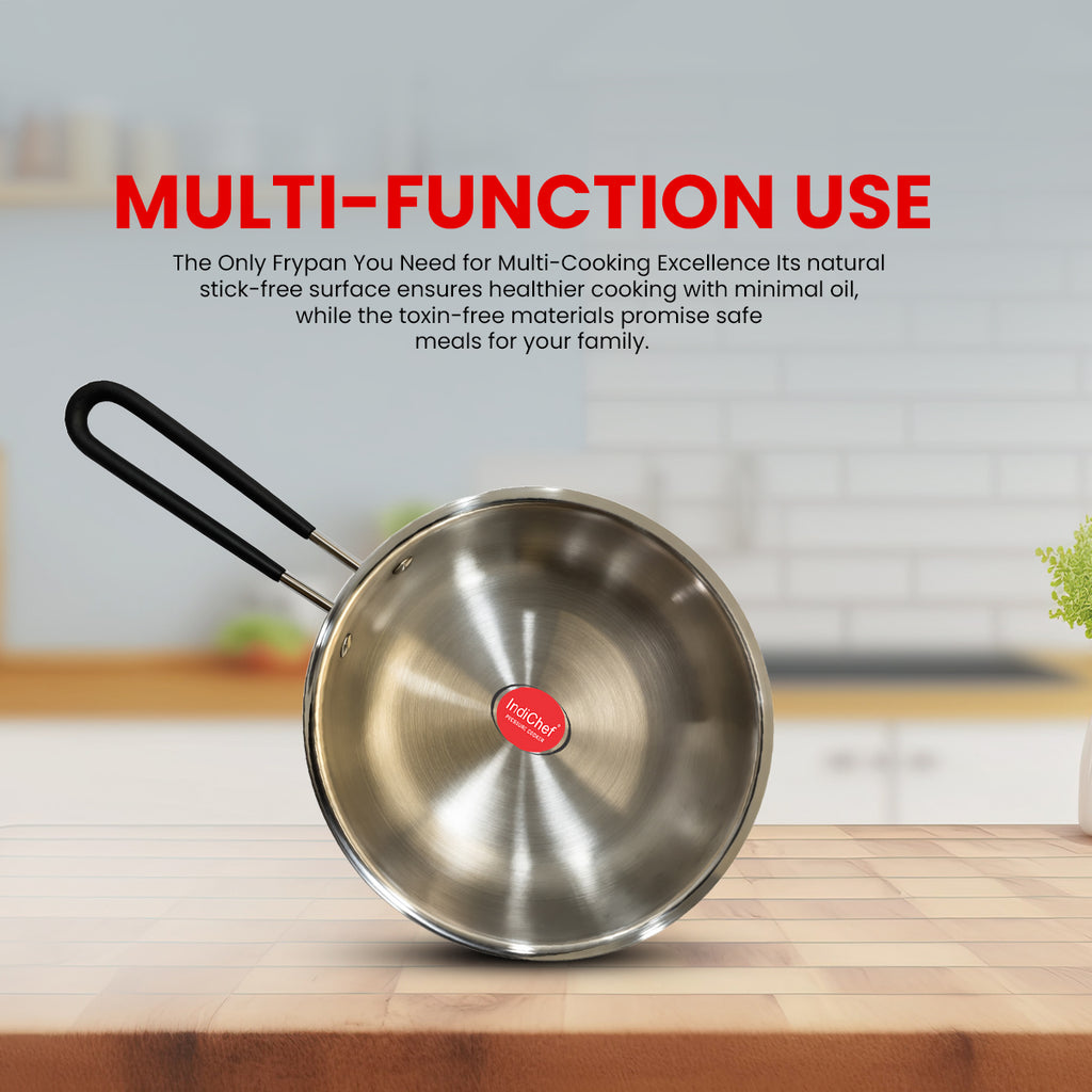 IndiChef Tri-Ply Stainless Steel Fry Pan | Heavy-Duty Base for Less-oil, Healthy Cooking | Suitable for Induction & Gas | Durable, Scratch-Resistant Surface |