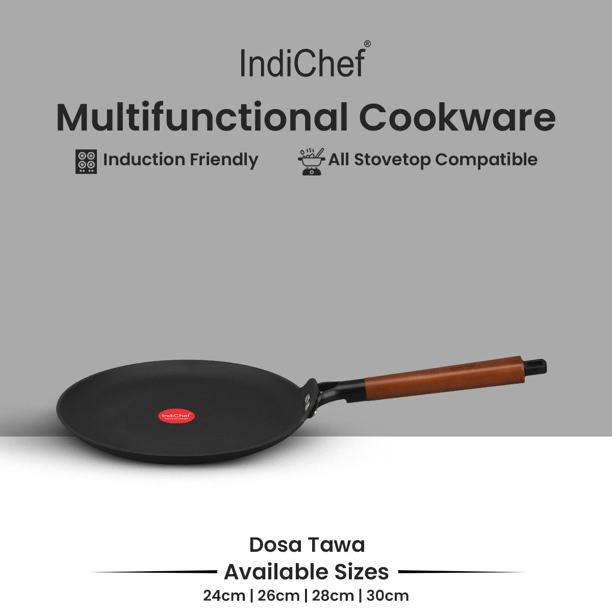 IndiChef Cast Iron DOSA Tawa Cooking Pan | for Dosa Uttapam Crepe Making Use | Flat Tawa for Kitchen Cooking | Metal Body Cooking Surface | Gas Stove Compatible Tawa with Handle Cooking Pan