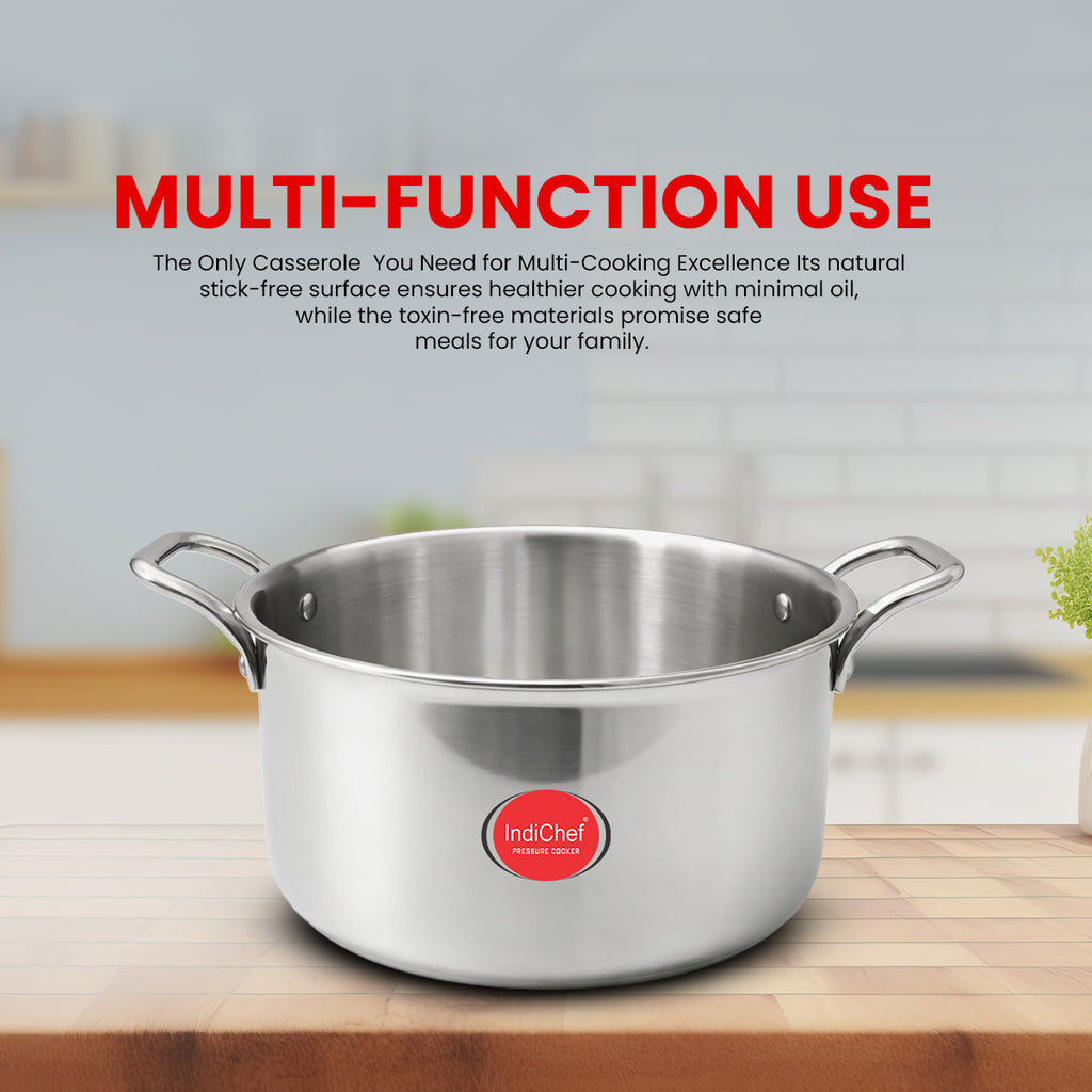 IndiChef Tri-Ply Stainless Steel Saucepot/Casserole | Heavy-Duty Base for Less-oil, Healthy Cooking | Suitable for Induction & Gas | Durable, Scratch-Resistant Surface |