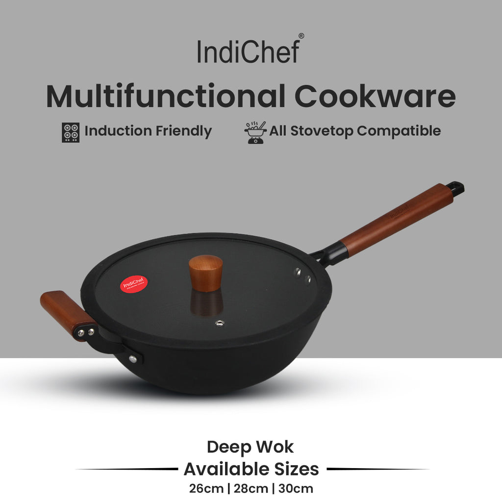 IndiChef Cast Iron Deep Wok With Cover | Wok For Frying Saute Cooking Kitchen Use | Long Handle With Side Helper For Lifting Control | Metal Body Round Base Pan With Lid For Food Preparation And Cooking