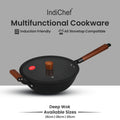 IndiChef Cast Iron Deep Wok With Cover | Wok For Frying Saute Cooking Kitchen Use | Long Handle With Side Helper For Lifting Control | Metal Body Round Base Pan With Lid For Food Preparation And Cooking