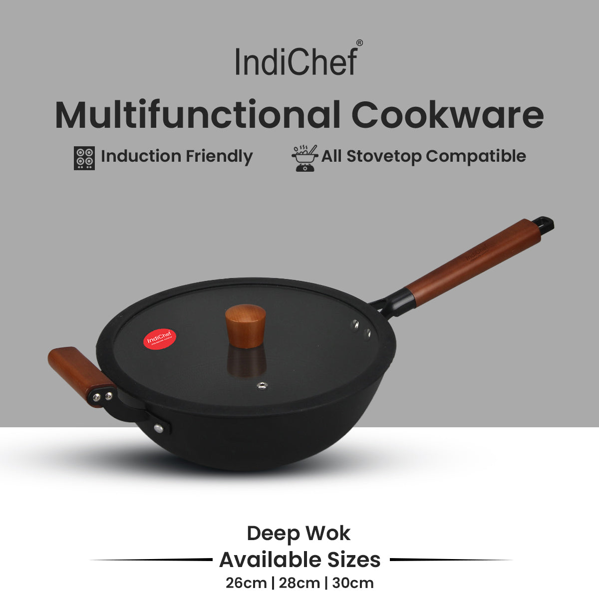 IndiChef Cast Iron Deep Wok With Cover | Wok For Frying Saute Cooking Kitchen Use | Long Handle With Side Helper For Lifting Control | Metal Body Round Base Pan With Lid For Food Preparation And Cooking