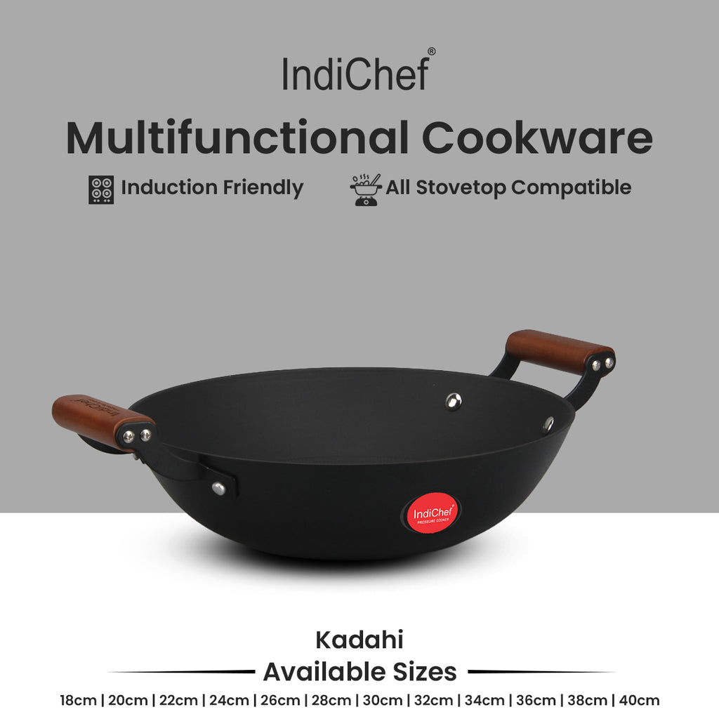 IndiChef Cast Iron Kadahi Cooking Pan with Lid | for Kitchen Frying Saute Cooking Use | Deep Kadhai with Cover | Metal Body Cooking Utensil | Gas Stove Compatible Cooking Pan with Handle and Lid