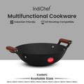 IndiChef Cast Iron Kadahi Cooking Pan with Lid | for Kitchen Frying Saute Cooking Use | Deep Kadhai with Cover | Metal Body Cooking Utensil | Gas Stove Compatible Cooking Pan with Handle and Lid