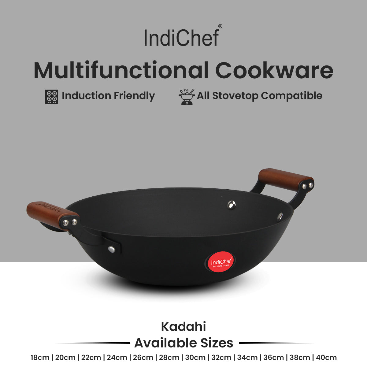 IndiChef Cast Iron Kadahi Cooking Pan with Lid | for Kitchen Frying Saute Cooking Use | Deep Kadhai with Cover | Metal Body Cooking Utensil | Gas Stove Compatible Cooking Pan with Handle and Lid
