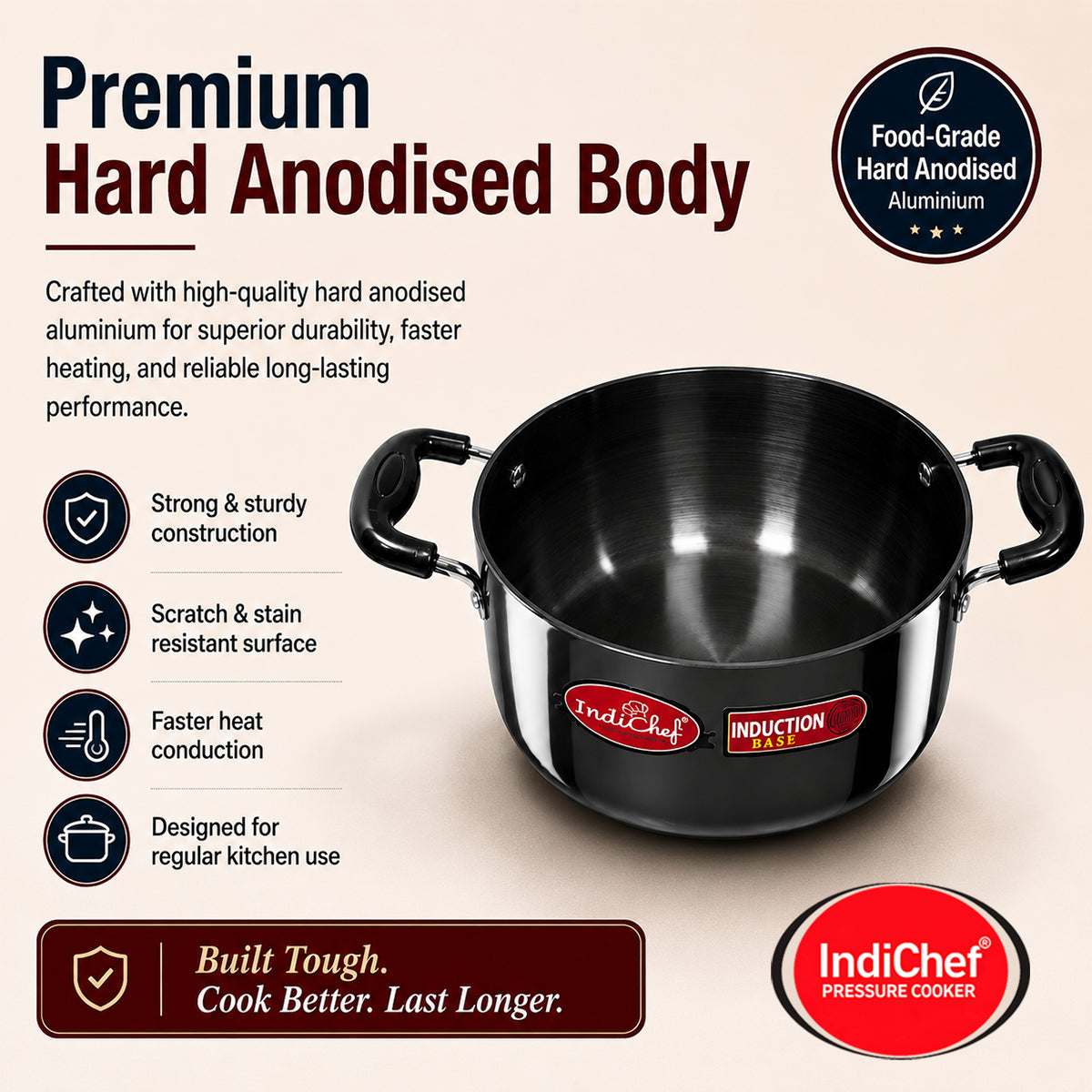 IndiChef Hard Anodised casserole with Lid | Gas Stove & Induction Friendly |Metal Spoon Safe, Riveted Handle, Healthy Cooking, less Oil Use, Easy to Clean