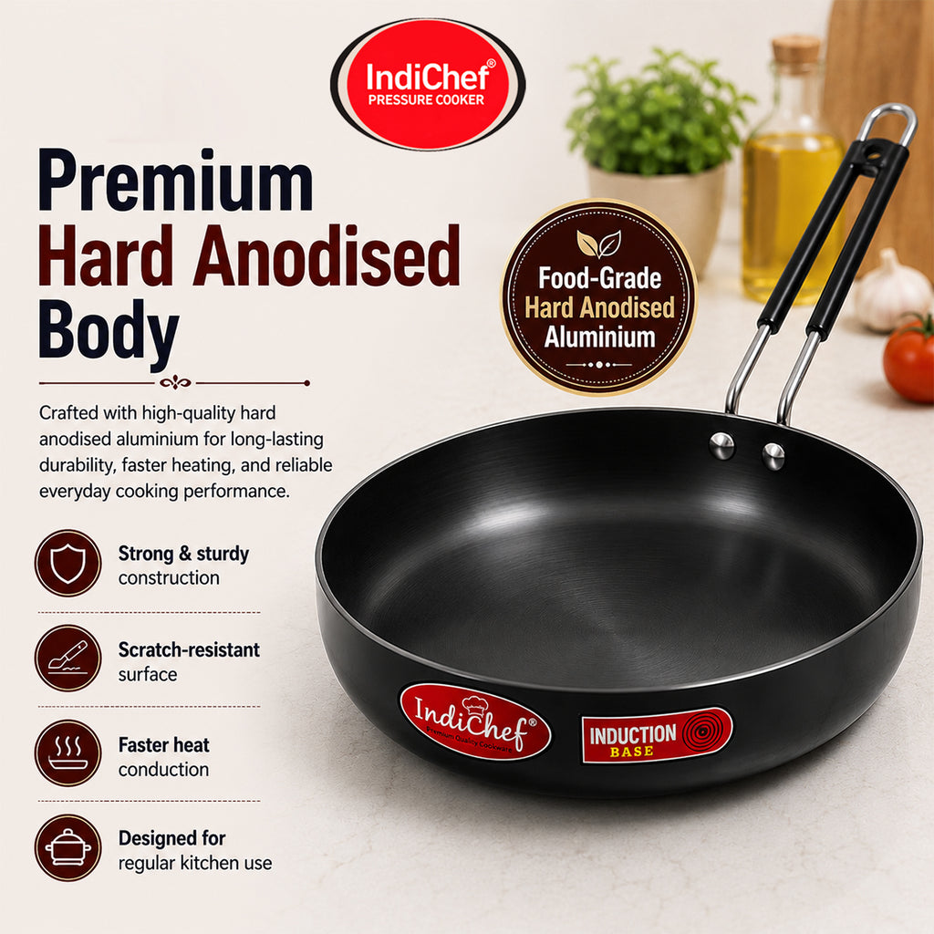 IndiChef Hard Anodised Frypan with Lid | Gas Stove & Induction Friendly |Metal Spoon Safe, Riveted Handle, Healthy Cooking, less Oil Use, Easy to Clean |