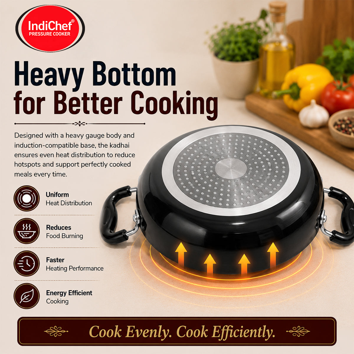IndiChef Hard Anodised Kadhai with Lid | Gas Stove & Induction Friendly | Metal Spoon Safe | Riveted Handle | Easy to Clean |