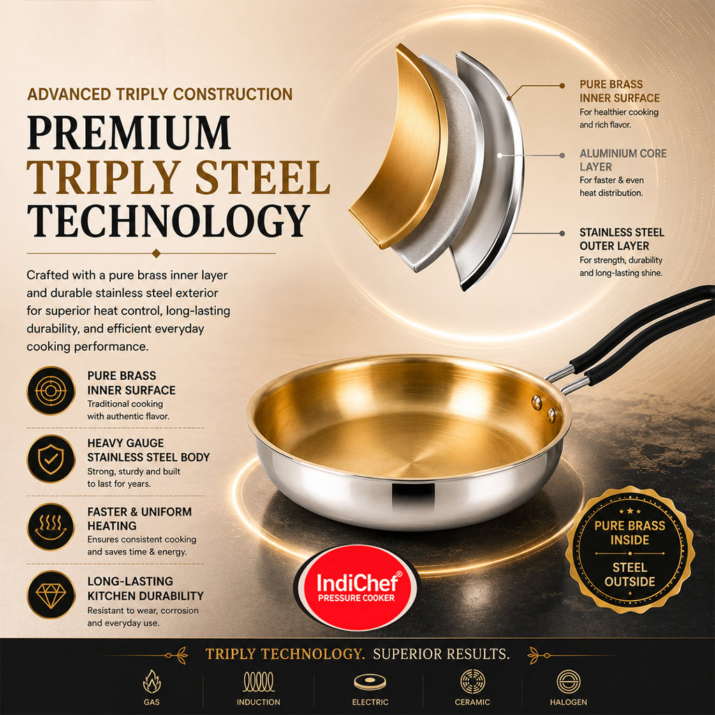 IndiChef Brass Triply Frypan in heavy weight with Lid | Gas Stove & Induction Friendly | Insulated Heat-Resistant Handle | Pure Pital/Brass Tea Pan with Triply body | Chemical-Free