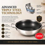 IndiChef Honeycomb triply Stainless Steel kadahi/kadhai with Lid | Heavy-Duty Base for Less-oil, Healthy Cooking | Suitable for Induction & Gas | Durable, Scratch-Resistant Surface | 60 month warranty