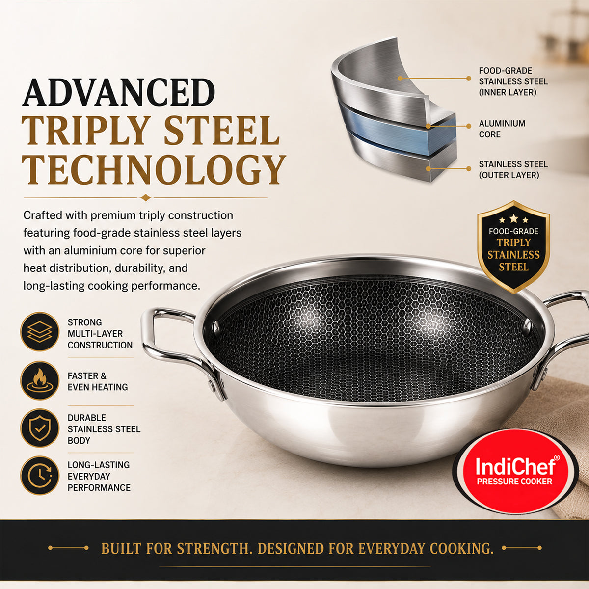 IndiChef Honeycomb triply Stainless Steel kadahi/kadhai with Lid | Heavy-Duty Base for Less-oil, Healthy Cooking | Suitable for Induction & Gas | Durable, Scratch-Resistant Surface | 60 month warranty