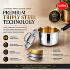 IndiChef Brass Triply Saucepan Tea pan Milk pan in heavy weight with Lid | Gas Stove & Induction Friendly | Insulated Heat-Resistant Handle | Pure Pital/Brass Tea Pan with Triply body | Chemical-Free