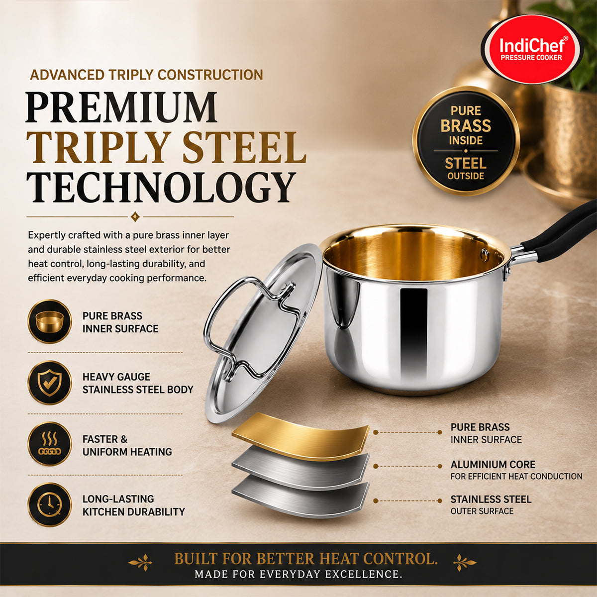 IndiChef Brass Triply Saucepan Tea pan Milk pan in heavy weight with Lid | Gas Stove & Induction Friendly | Insulated Heat-Resistant Handle | Pure Pital/Brass Tea Pan with Triply body | Chemical-Free