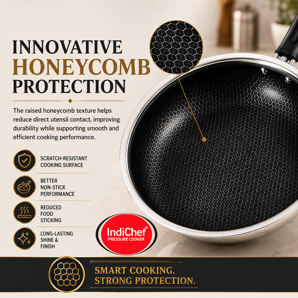 IndiChef Honeycomb Triply Stainless Steel Fry Pan with Lid | Heavy-Duty Base for Less-Oil, Healthy Cooking | Suitable for Induction & Gas | Durable, Scratch-Resistant Surface | 60 month warranty