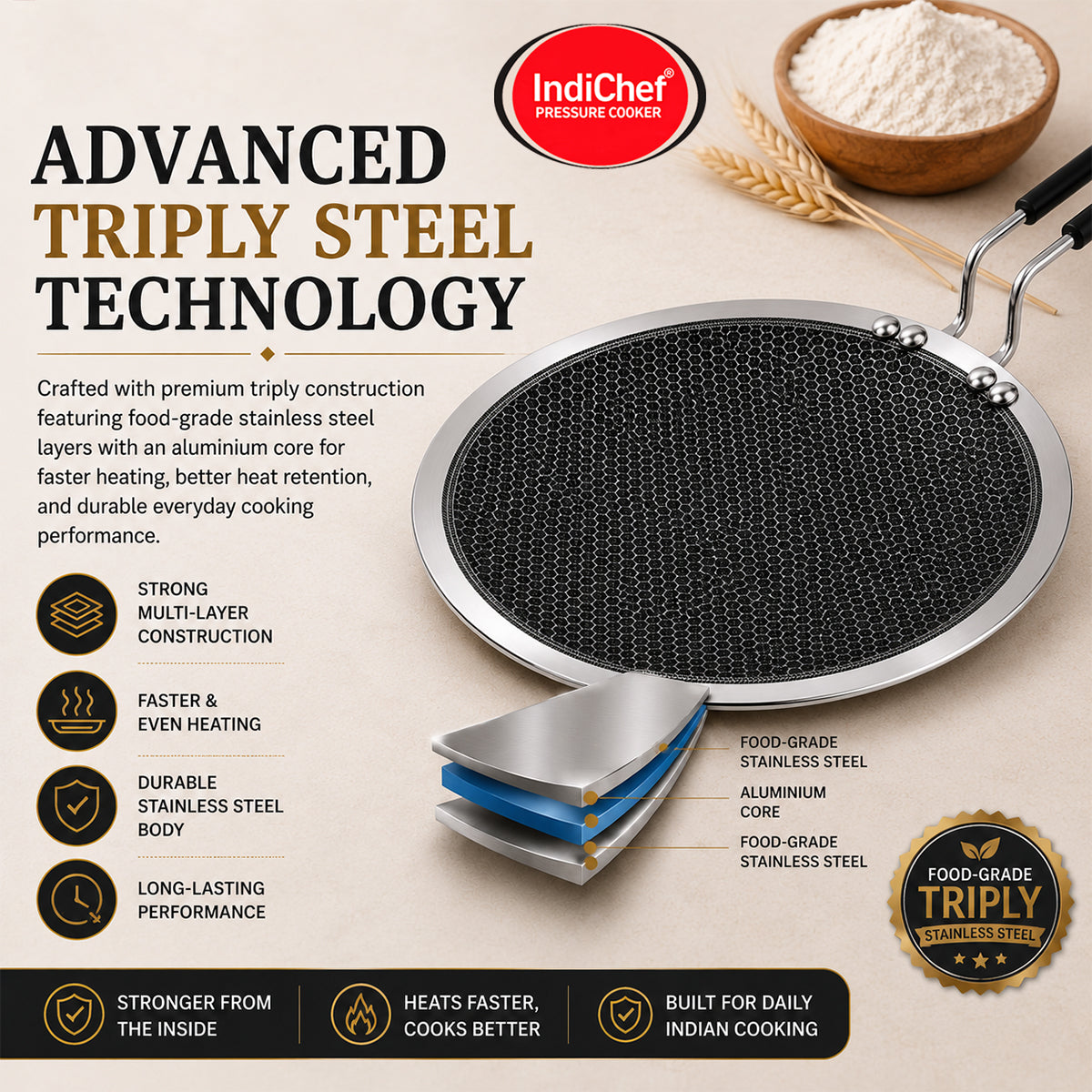 IndiChef Honeycomb triply Stainless Steel Roti Tawa | Heavy-Duty Base for Less-oil, Healthy Cooking | Suitable for Induction & Gas | Durable, Scratch-Resistant Surface | 60 month warranty