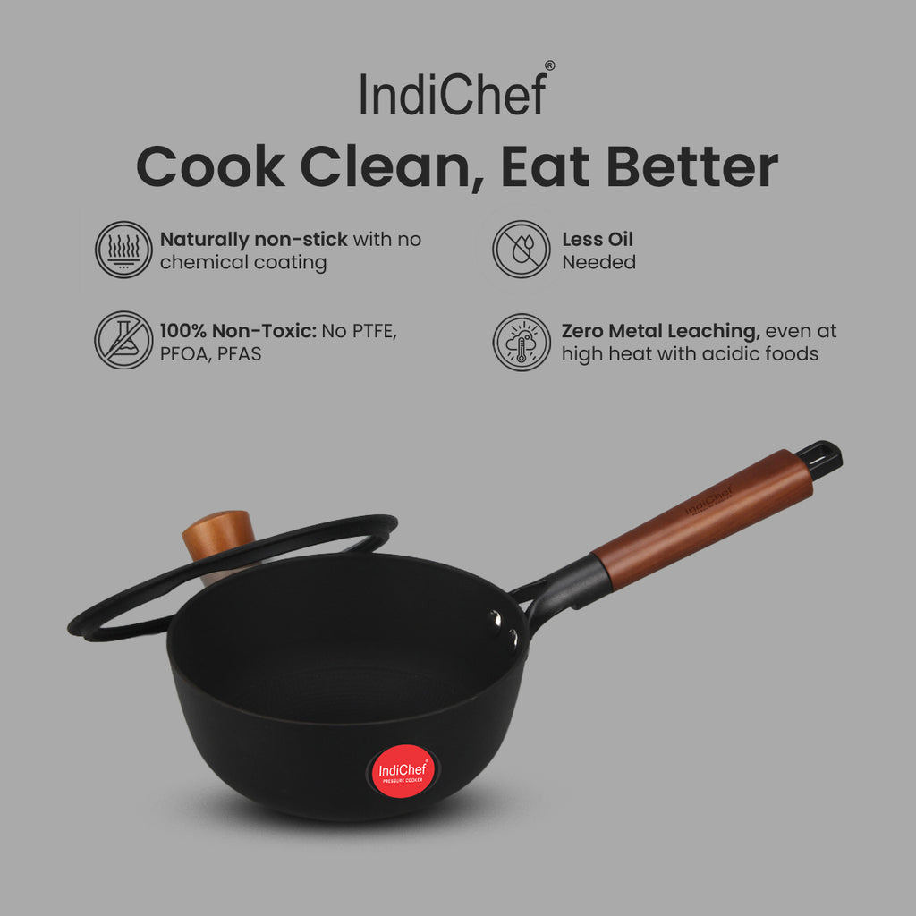 IndiChef Cast Iron Sauce Pan with Cover Cooking Pot | Milk Tea Boiling Heating Kitchen Use Gas Stove Induction Cooking | Stainless Steel Body Glass Lid Handle Grip Multipurpose Cooking Utensil