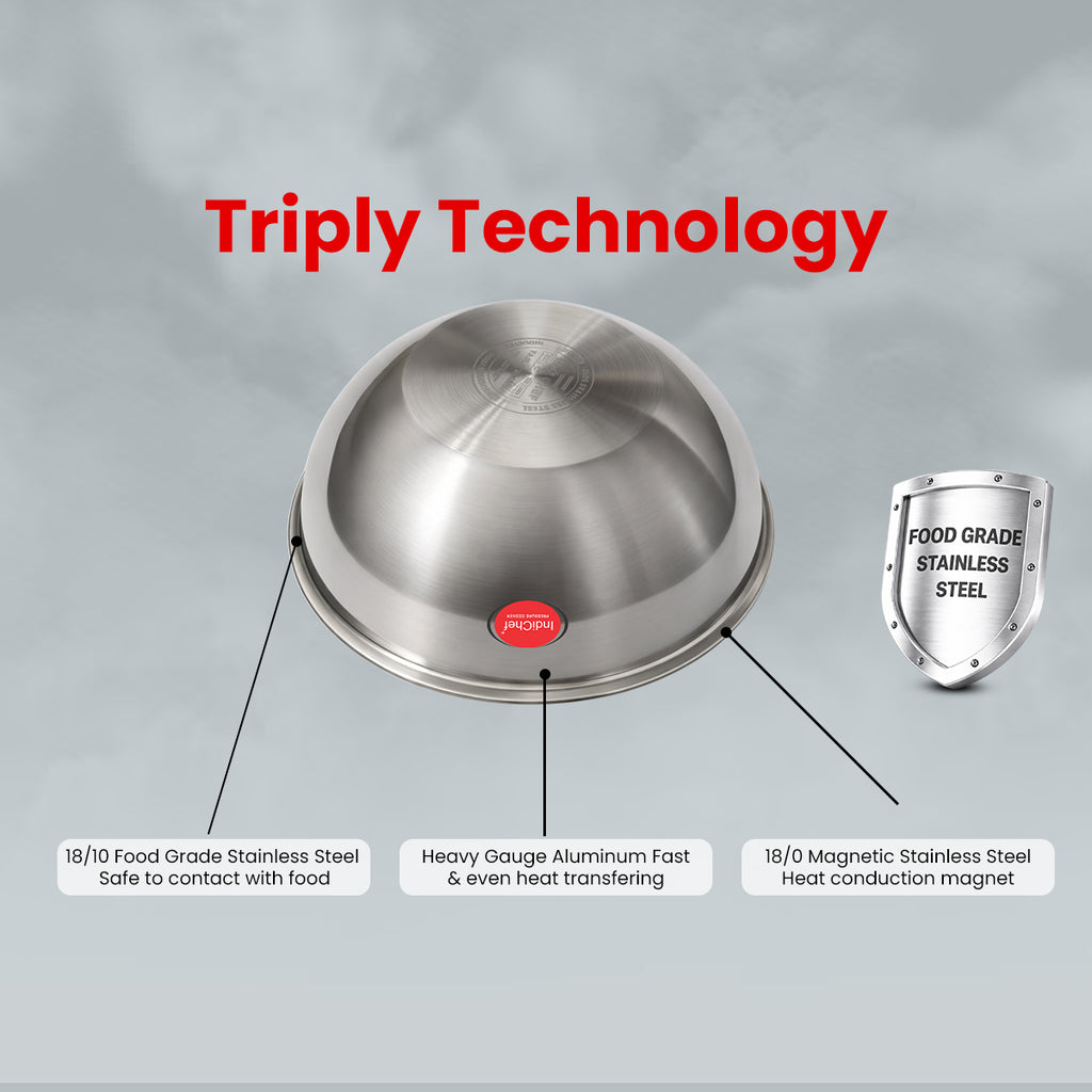IndiChef Tri-Ply Stainless Steel Tasla | 2.5 mm Thick Heavy-Duty Base for Quick & Uniform Heating | Designed for Less-oil, Healthy Cooking | Suitable for Induction & Gas Stoves