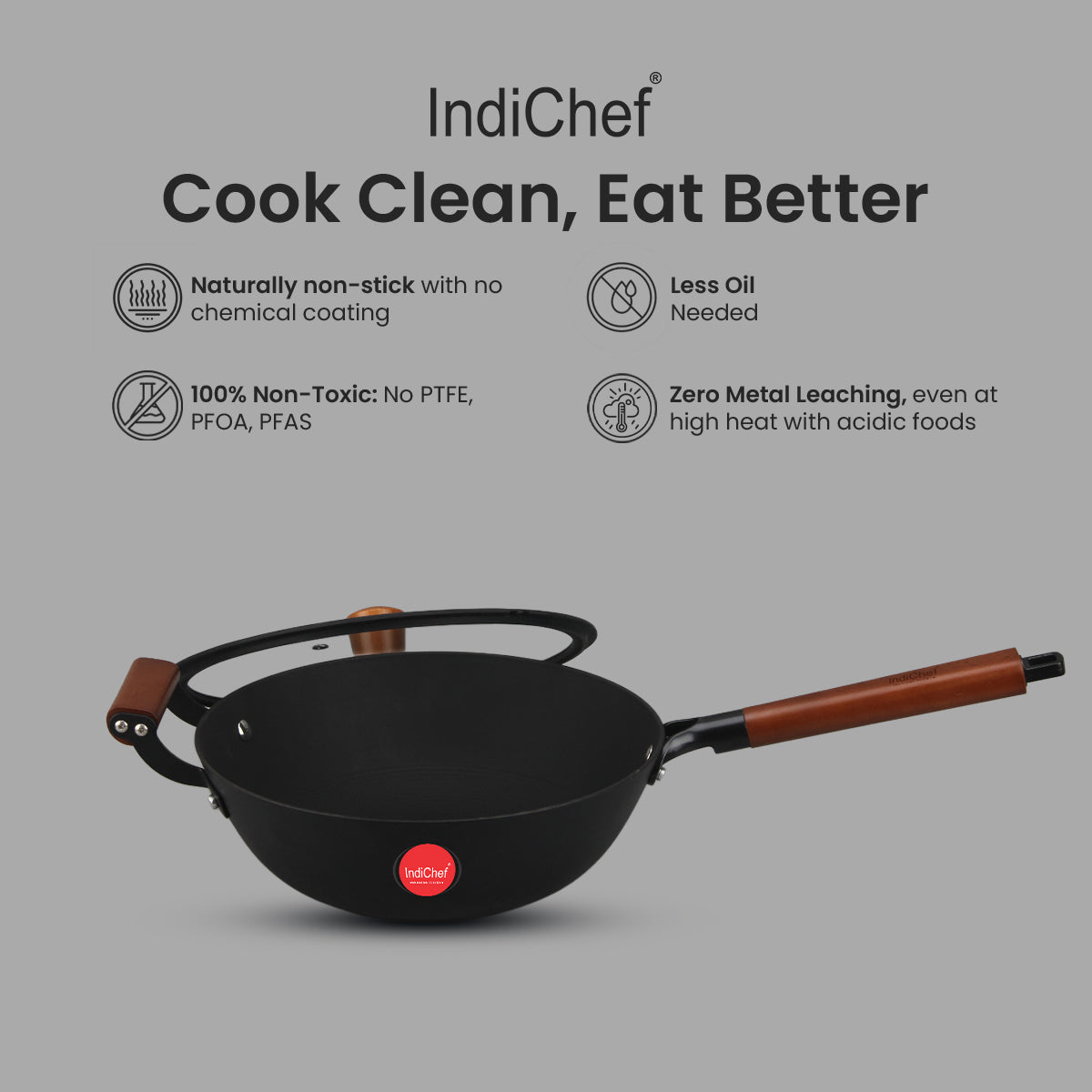 IndiChef Cast Iron Deep Wok With Cover | Wok For Frying Saute Cooking Kitchen Use | Long Handle With Side Helper For Lifting Control | Metal Body Round Base Pan With Lid For Food Preparation And Cooking