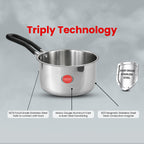 Indichef Triply Stainless Steel Saucepan with Lid | 2.5 mm Thick | Tea, Chai Pan | Induction & Gas Friendly, Heavy Bottom - Silver