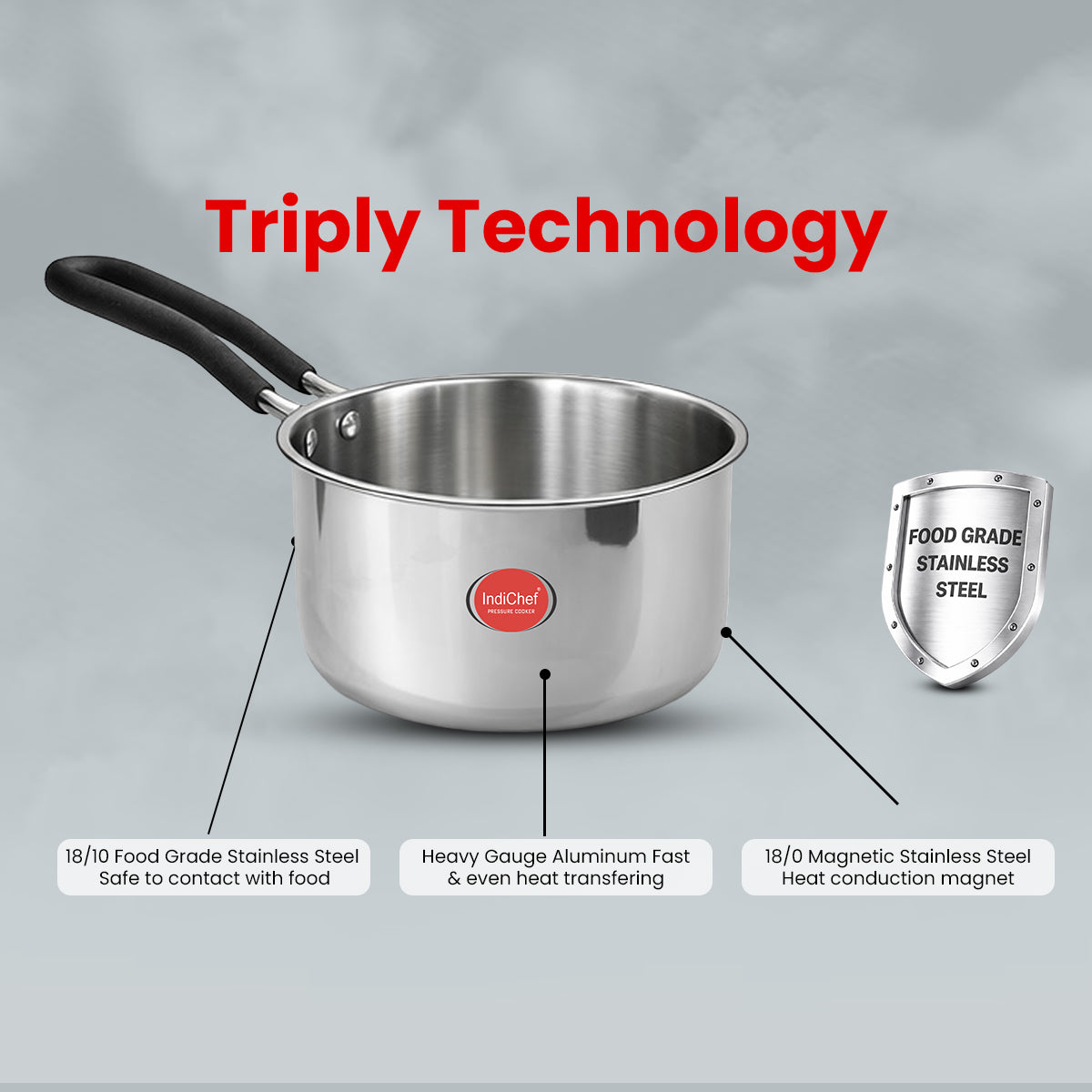 Indichef Triply Stainless Steel Saucepan with Lid | 2.5 mm Thick | Tea, Chai Pan | Induction & Gas Friendly, Heavy Bottom - Silver