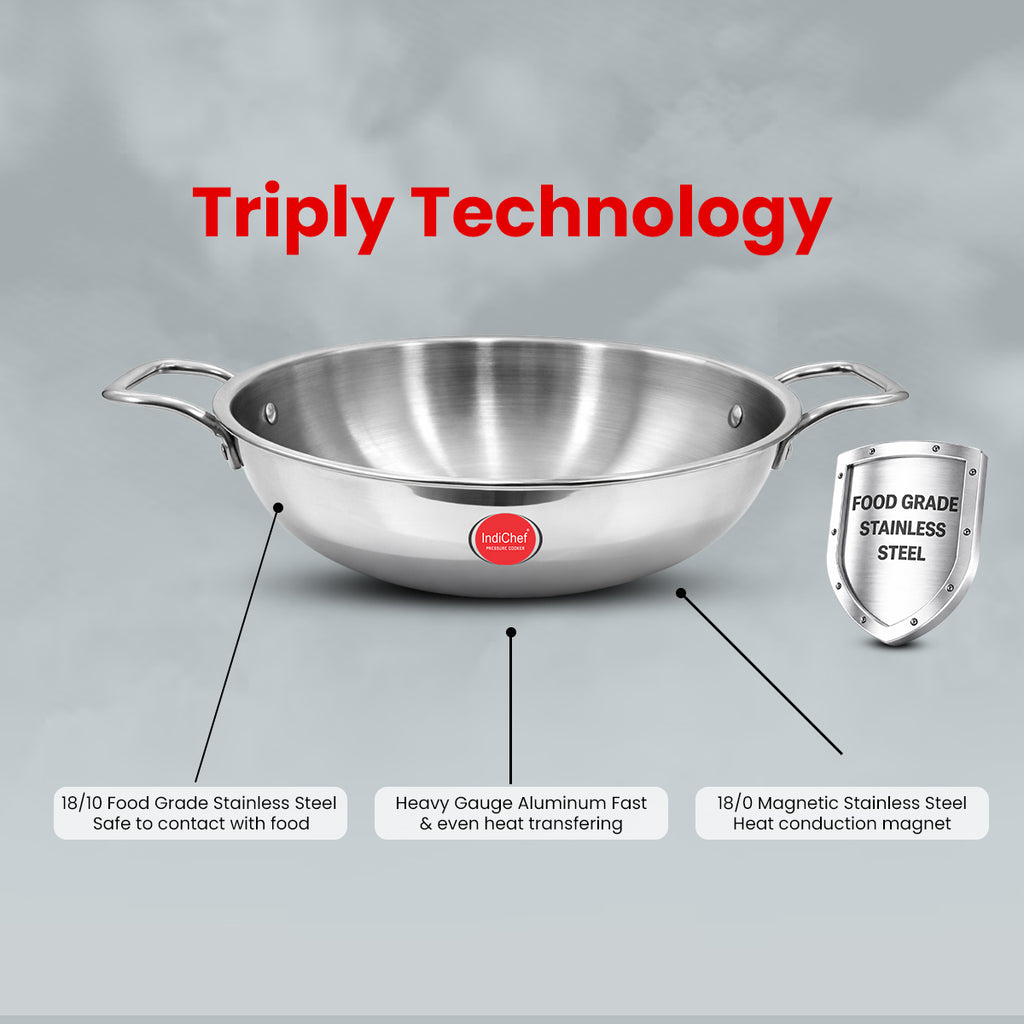 IndiChef Tri-Ply Stainless Steel Kadahi/Kadhai | Heavy-Duty Base for Less-oil, Healthy Cooking | Suitable for Induction & Gas | Durable, Scratch-Resistant Surface |