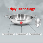 IndiChef Tri-Ply Stainless Steel Kadahi/Kadhai | Heavy-Duty Base for Less-oil, Healthy Cooking | Suitable for Induction & Gas | Durable, Scratch-Resistant Surface |