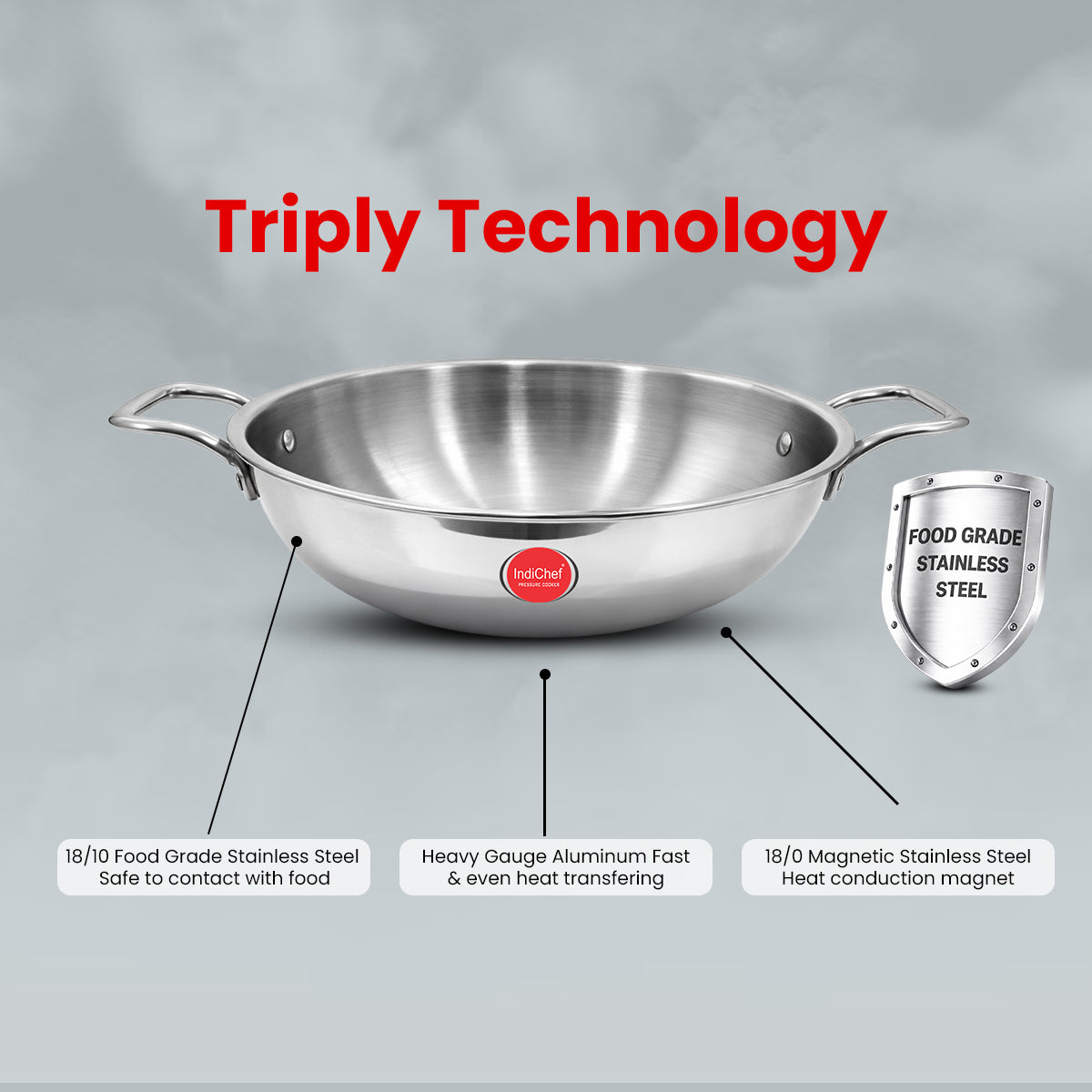 IndiChef Tri-Ply Stainless Steel Kadahi/Kadhai | Heavy-Duty Base for Less-oil, Healthy Cooking | Suitable for Induction & Gas | Durable, Scratch-Resistant Surface |