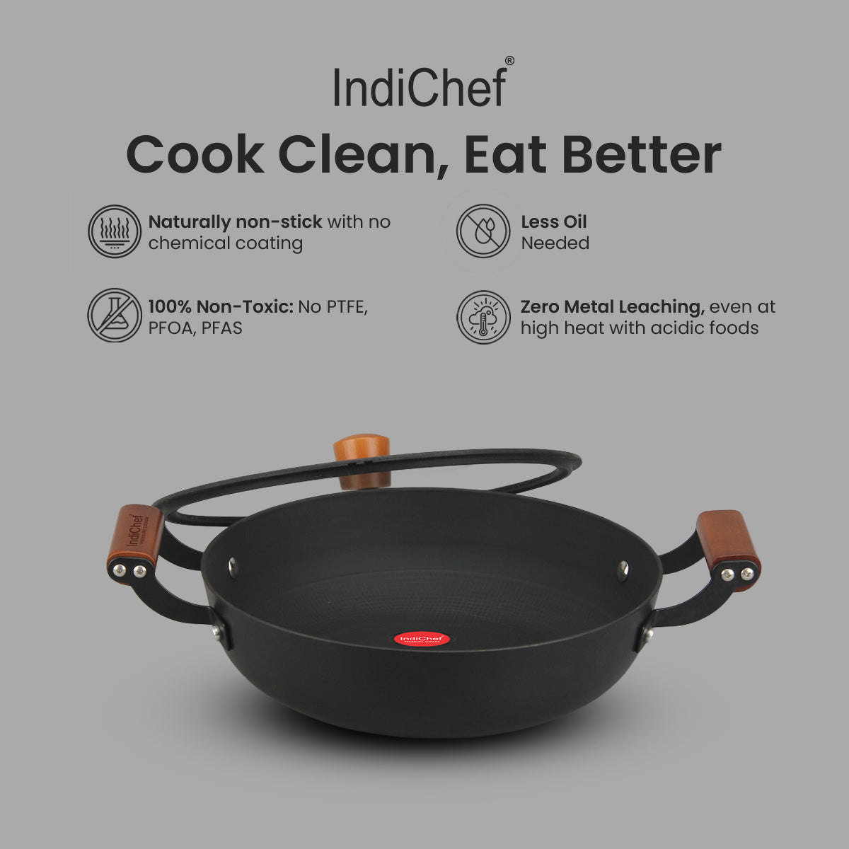 IndiChef Cast Iron Shallow Casserole with Cover Cooking Pan | Serving Cooking Storage Use Kitchen Gas Stove Induction Use | Glass Lid Side Handles Flat Base Multipurpose Cookware