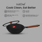 IndiChef Cast Iron Deep Frying Pan with Cover | Cooking Utensil for Frying Saute and Stir Cooking Use | Metal Kadai with Lid for Kitchen Cooking Tasks | Round Deep Pan for Oil Based Cooking Food